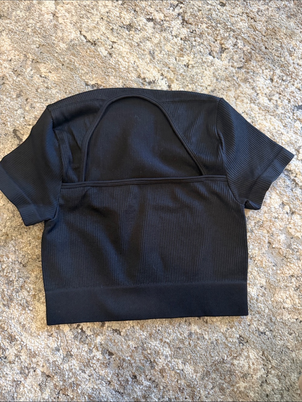 Black Ribbed Short Sleeve Crop Top with Back Cutout